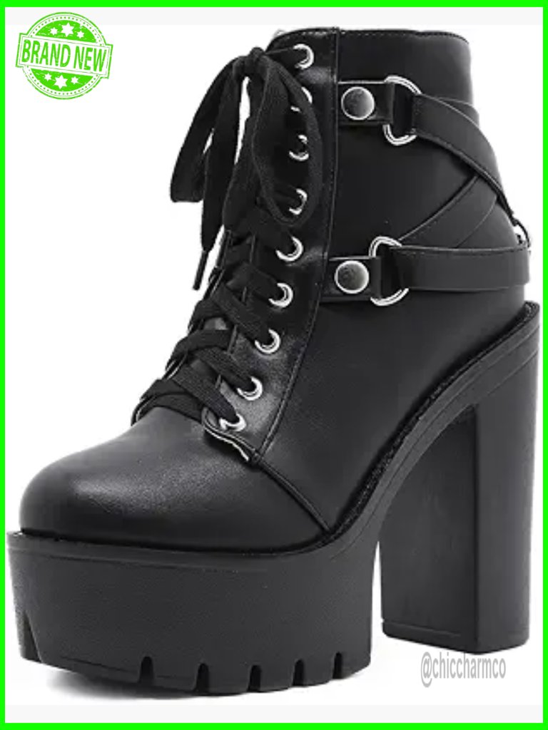 Leather Platform Combat Ankle Boots With Side Zipper Chunky Heel Lace Up